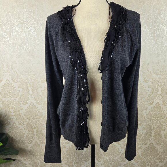 J Crew Size XL Gray Black Merino Wool Cardigan Silk Sequins Embellishment NWT - Picture 9 of 16